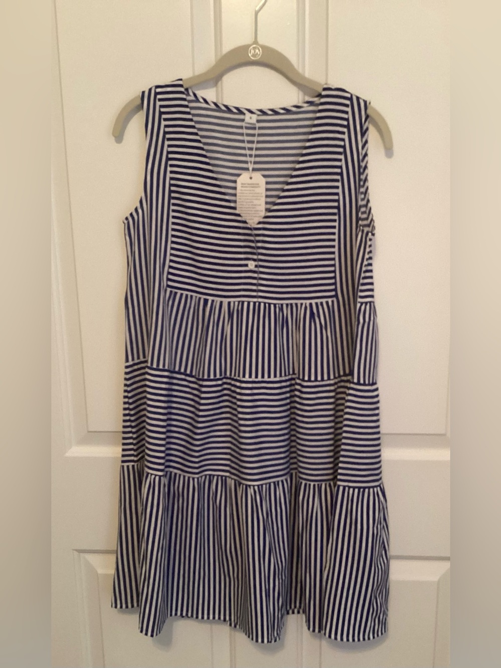 Sleeveless Blue and White Striped Tiered Dress